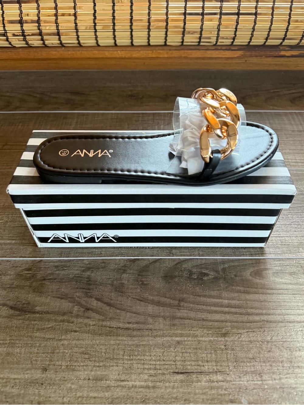 ANNA Black Slide Sandals w/ Gold Chain Detail - Multiple Sizes - New - Ships Now